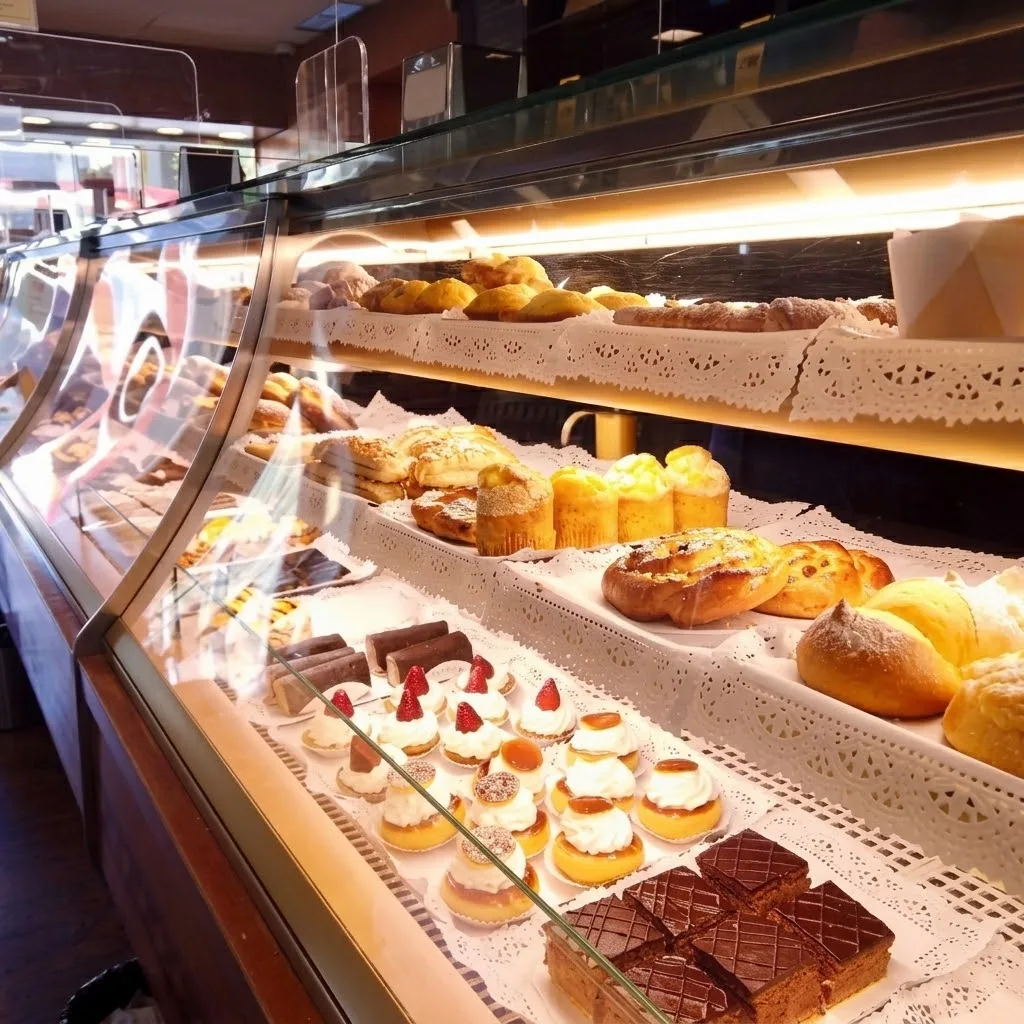 Vitrina do Califa com pastéis, bolos de nata com morango, folhados e fatias de bolo de chocolate